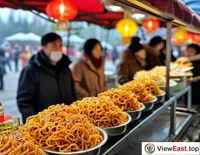 At an outdoor food festival in Hubei, a long line forms at the hot dry noodle stall, with people eager to taste the authentic Hubei flavor.