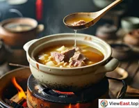 In the morning in Jiangxi, the clay pot soup simmers on charcoal at a street-side shop, with a rich broth and meat aroma that draws the attention of passersby.