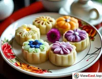 At a Yunnan hotel breakfast, beautifully crafted flower cakes are offered as a specialty treat, filling the morning with floral scents.