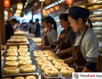 In a Yunnan pastry shop, masters make flower cakes on the spot, with tourists watching and being attracted by the sweet fragrance.