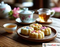In a Yunnan teahouse, delicate flower cakes complement the aroma of Pu'er tea, adding sweetness to a leisurely afternoon.