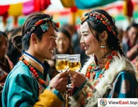At a Tibetan wedding, the newlyweds, witnessed by friends and family, raise their glasses of highland barley wine and make a vow to grow old together.