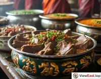 At a Qinghai temple festival, hand-grabbed mutton is offered as a tribute, expressing believers' reverence for the divine.