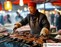 At a Qinghai market, a vendor grills hand-grabbed mutton, its aroma attracting passersby.