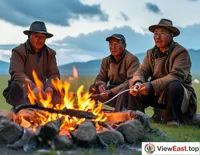 On the grasslands of Qinghai, herdsmen sit around a bonfire, tearing into fragrant hand-grabbed mutton, enjoying nature's bounty.