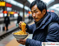 At a Shaanxi train station, a traveler hastily buys a bowl of oil-poured noodles, ready to enjoy it during the journey.