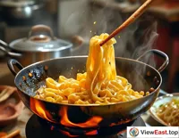 In a Shaanxi home kitchen, a mother is preparing oil-poured noodles for her family, with noodles rolling in hot oil, releasing a burst of aroma.
