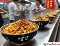 In a Shaanxi university cafeteria, students line up for a taste of the spicy and delicious oil-poured noodles.