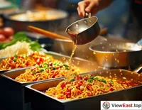 In a bustling Shaanxi snack street, a chef is pouring hot oil over chili and noodles, filling the air with fragrance.