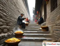 On the ancient city wall of Shaanxi, tourists sit on stone steps, tasting steaming hot oil-poured noodles, feeling the weight of history.