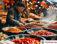 At an open-air market in Sichuan, a vendor is preparing hot pot base, with the scent of chili and spices drawing in many customers.