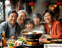 At a Sichuan family gathering, relatives sit around a hot pot, enjoying the warmth of family and the taste of the meal.