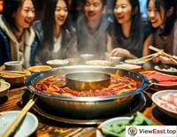 In a Sichuan hot pot restaurant, friends gather around a steaming pot, cooking various ingredients and chatting merrily.
