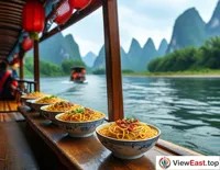 On a tourist boat in Guilin, visitors enjoy the scenery of the Li River while tasting authentic Guilin rice noodles.