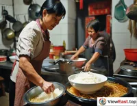In a Guangxi home kitchen, a mother is preparing a bowl of Guilin rice noodles with hometown flavor for her family.