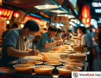 At Guilin's night market, under the lights of a rice noodle shop, customers are enjoying the delicious Guilin rice noodles.