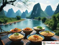 Amidst Guilin's landscapes, tourists enjoy Guilin rice noodles while savoring the beauty of the scenery and food.