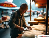 In the early morning of Guilin, an old master skillfully cuts rice noodles at a street stall, ready to greet the first customers.