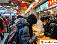 At a Guangxi university cafeteria, students line up for a bowl of steaming Guilin rice noodles.