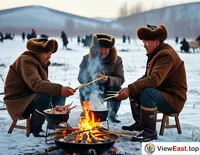 In the winter of Inner Mongolia, hand-pulled mutton becomes a heart-warming delicacy, with people around the stove in the snow, enjoying hot mutton.