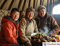 Inside a yurt, a family is enjoying freshly cooked hand-pulled mutton, with delicious meat juice and steaming heat, full of warmth.