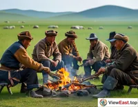 On the grasslands of Inner Mongolia, herdsmen sit around a bonfire, pulling mutton with traditional techniques, with the aroma of meat and grass blending, making one's mouth water. 