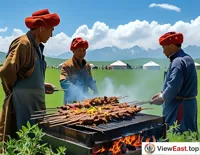 On the grasslands of Xinjiang, herdsmen grill mutton skewers under the blue sky and white clouds, enjoying nature's gift.
