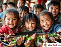 At a family gathering in Xinjiang, children eagerly grab mutton skewers, their faces filled with satisfaction.