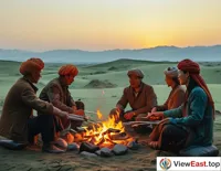In an oasis of Xinjiang's desert, travelers gather around a bonfire, sharing grilled mutton skewers, experiencing the human touch in the desert.
