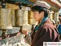 Beside Tibet's prayer wheels, believers turn the wheels while savoring tsampa, feeling the blend of faith and daily life.