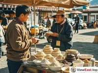 At an outdoor market in Tibet, vendors display various flavored tsampa, attracting passersby's attention.