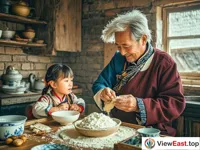 In a Tibet home kitchen, a grandfather teaches his granddaughter to make traditional tsampa, passing down the family flavor.
