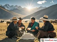 On Tibet's plateau, herders gather in the first sunlight, sharing hot tsampa.