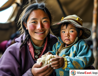In a Tibetan herder's tent, a mother molds tsampa for her child, with a warm smile on her face.