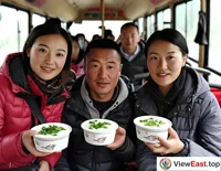 On a Qinghai tour bus, a guide recommends local yogurt to tourists, who taste it with praise.