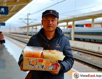 At a Gansu train station, a traveler holds a box of liangpi, ready to taste this local specialty during the journey.