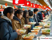 In a Gansu university cafeteria, students line up to buy liangpi as a refreshing lunch choice.