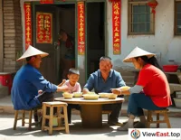 On a summer afternoon in Gansu, a family sits in the courtyard, enjoying the coolness of liangpi to dispel the heat.