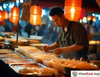 At Gansu's night market, under the lights, a liangpi vendor busies themselves with mixing for customers, the aroma of chili oil and vinegar filling the air.