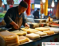 On a street stall in Gansu, a master skillfully cuts liangpi with various seasonings ready for a delicious bowl.