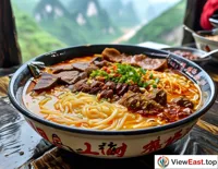 In a Guizhou tourist area, after tasting the intestine prosperity noodles, tourists take photos to remember and capture this unique Guizhou flavor.