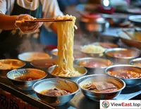 At a Guizhou night market stall, the vendor is busy placing cooked noodles into bowls, adding long-cooked intestine prosperity, and serving customers a bowl of steaming hot noodles.