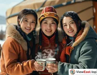 In the winter of Inner Mongolia, friends gather in a warm yurt, sharing hot milk tea to dispel the cold.