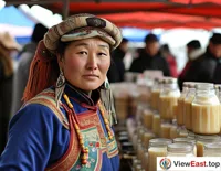 At a market in Inner Mongolia, a Mongolian woman sells homemade milk tea, attracting many customers to taste.