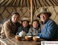 Inside a Mongolian yurt in Inner Mongolia, a family sits together, enjoying freshly brewed hot milk tea, steaming and full of creamy aroma.