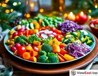 A colorful and flavorful vegetable salad at a festive family gathering, a perfect combination of health and taste, adding a bright touch to the holiday table.