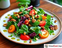 A vegetable salad featuring organic vegetables and nuts at a trendy vegetarian restaurant, simple yet exquisite, the perfect choice for a healthy diet.