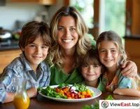 A colorful, balanced vegetable salad prepared by a mother in a cozy kitchen, with children gathered around, smiling happily.
