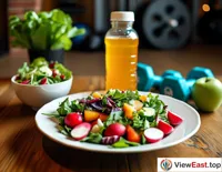A healthy, low-fat vegetable salad in a gym lounge, accompanied by a bottle of sports drink.