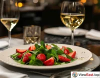A gourmet vegetable salad adorned with fresh strawberries and mint on a fine dining table, next to a glass of crystal-clear white wine.